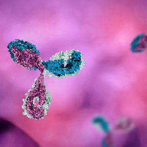 Purple, white and blue antibodies on purple background